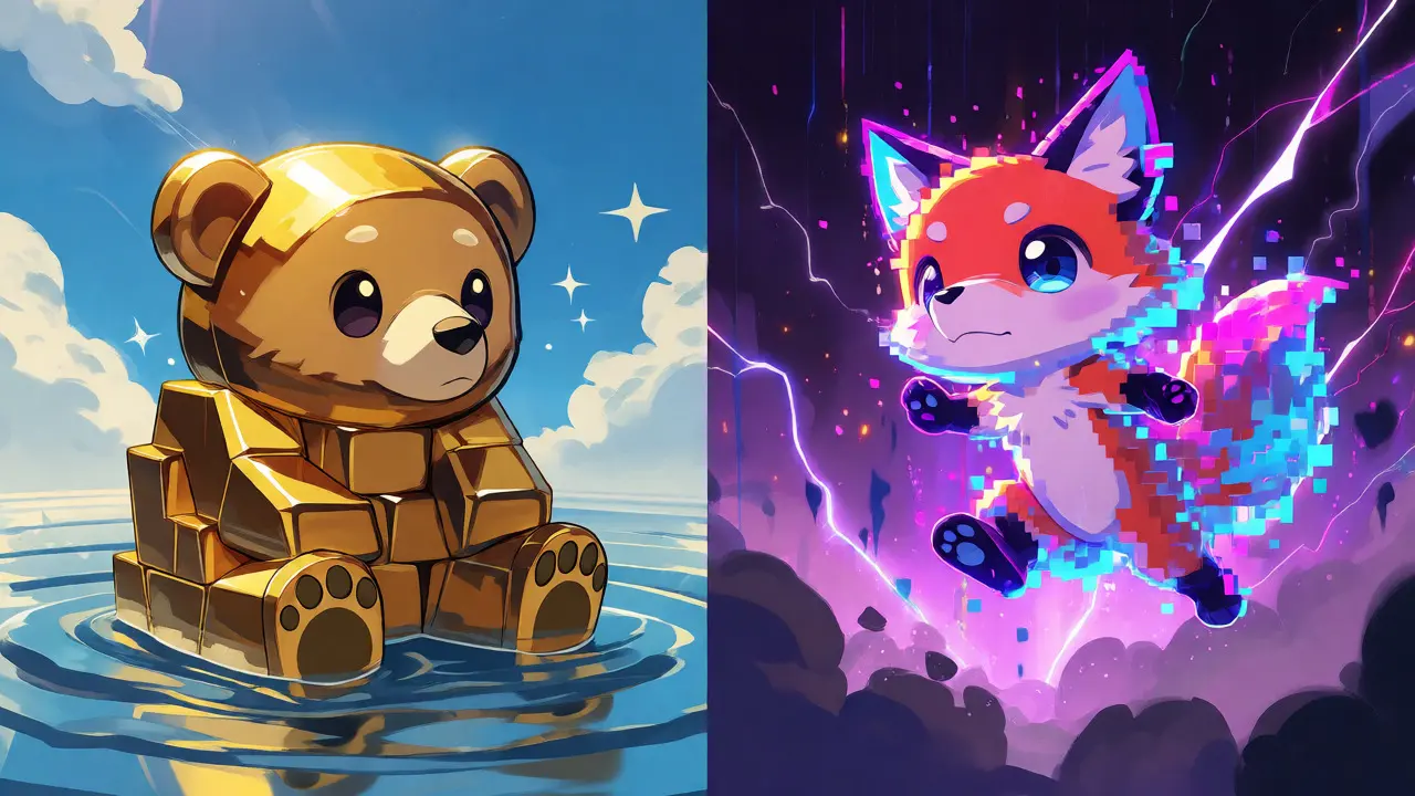 Stable gold bear vs volatile pixel fox representing market cap risk