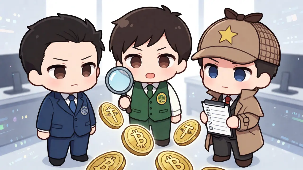 Three chibi regulators inspecting a trader's cryptocurrency transactions closely.