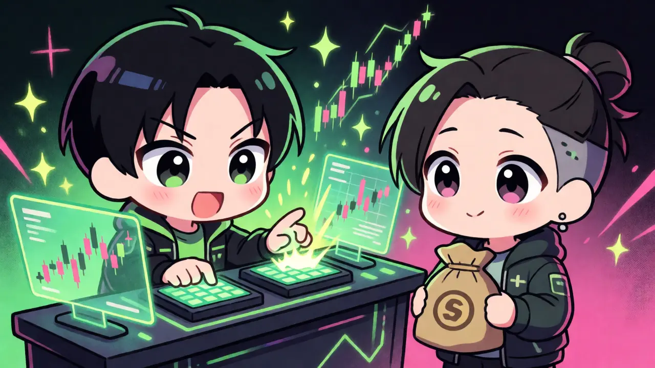 Two chibi anime figures actively participating in a crypto trading competition.
