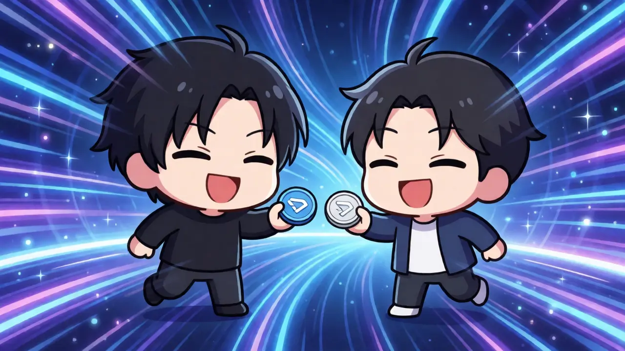 Two chibi figures exchanging stablecoins at high speed